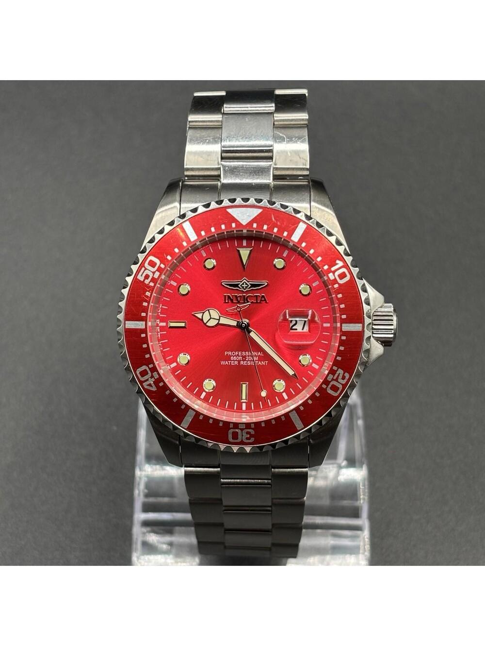 Invicta Pro Diver 43mm Date Watch Silver-Tone Red Dial w/ Rotating Bezel 22048